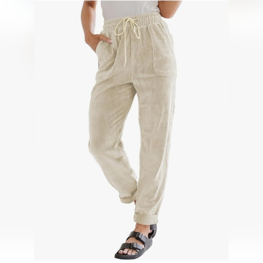 Women's Corduroy Drawstring High-Waist Pants with Pockets, XL